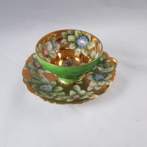 Trimont Gold Floral Tea Cup Saucer Hand Painted Green Collectible Vintage - Picture 4 of 16